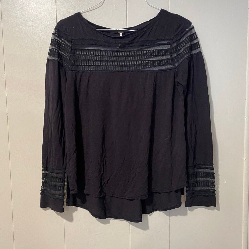 Free People Black Sheer Mesh Trim Long Sleeve Blouse Boho Top Small